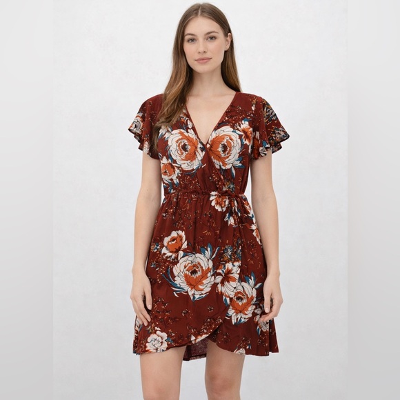 Band of Gypsies Dresses & Skirts - Burgundy Floral Dress XS pockets hi-lo boho mini slip dress romantic babydoll